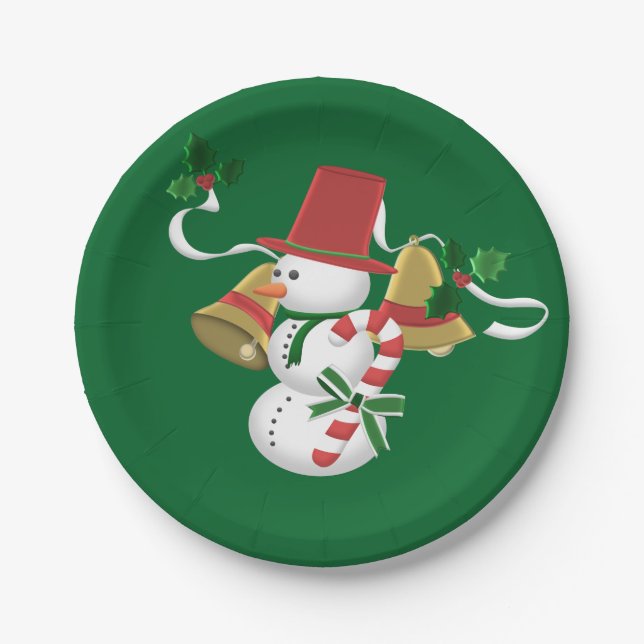Snowman Candy Cane Bells Christmas Paper Plate (Front)