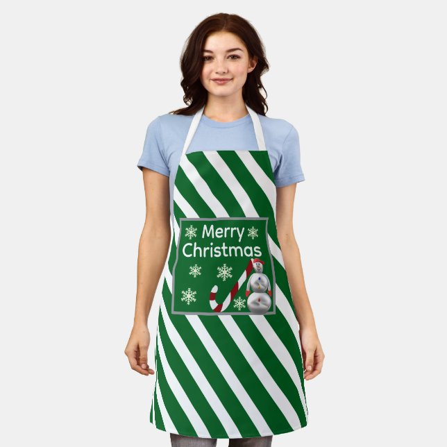 snowman Candy Cane Stripe Merry Christmas Apron (Worn)