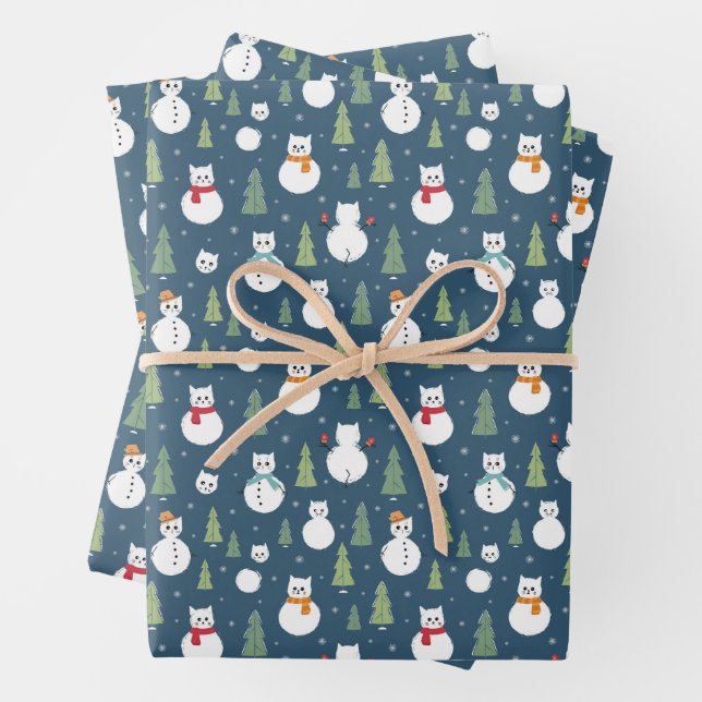 Snowman Cats Holiday Pattern Wrapping Paper Sheet (In situ)