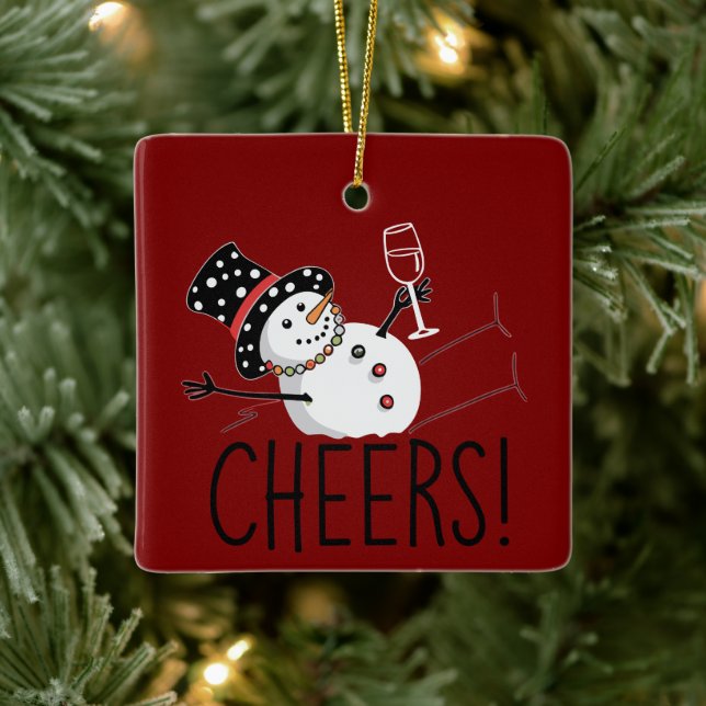 Snowman Cheers Wine Christmas Funny Xmas Winter  Ceramic Ornament (Tree)