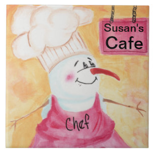 Snowman Chef in Apron & Chef's Hat Ceramic Tile