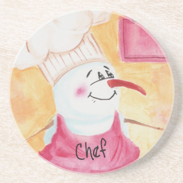 Snowman Chef in Apron & Chef's Hat Coaster (Front)