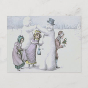 Snowman Children Playing Snow Field Postcard