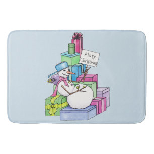 Snowman chilling on presents bath mat
