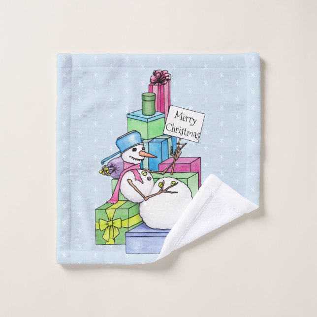 Snowman chilling on presents bath towel set (Wash Cloth)