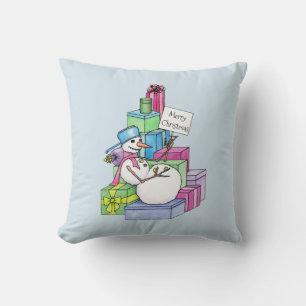 Snowman chilling on presents cushion