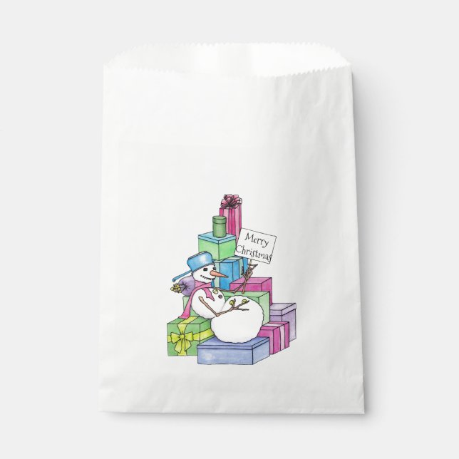 Snowman chilling on presents favour bag (Front)