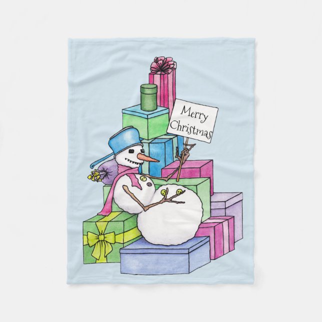 Snowman chilling on presents fleece blanket (Front)