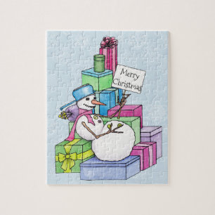 Snowman chilling on presents jigsaw puzzle