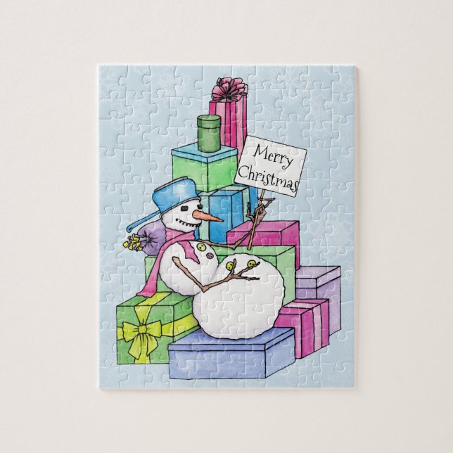 Snowman chilling on presents jigsaw puzzle (Vertical)