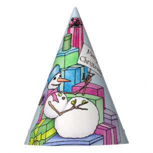 Snowman chilling on presents party hat