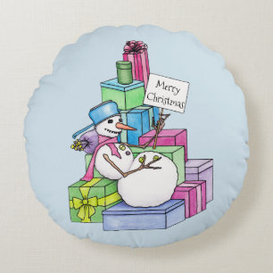 Snowman chilling on presents round cushion