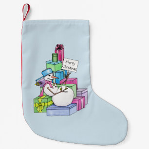 Snowman chilling on presents small christmas stocking