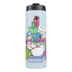 Snowman chilling on presents thermal tumbler