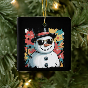 Snowman Christmas Brushstroke Splatter Cool Winter Ceramic Ornament