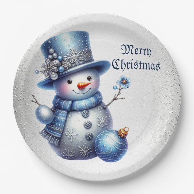 Snowman Christmas Elegant Winter Holidays Paper Plate (Front)