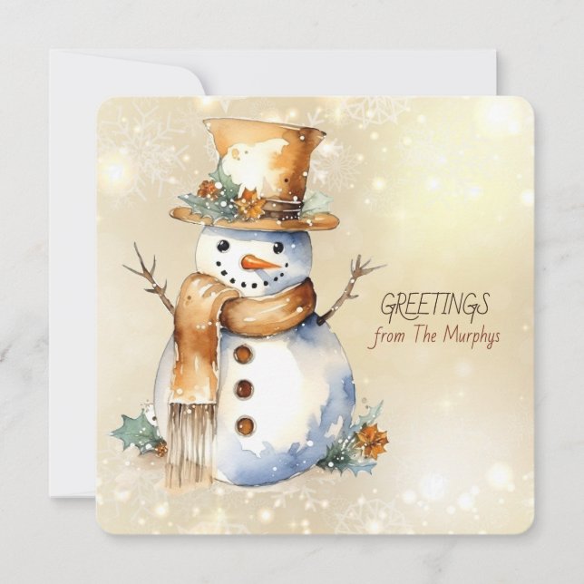 Snowman Christmas Greetings from Name Family Holiday Card (Front)