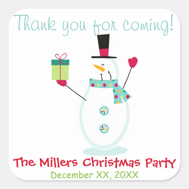 Snowman Christmas Holiday Party Favour Square Sticker (Front)