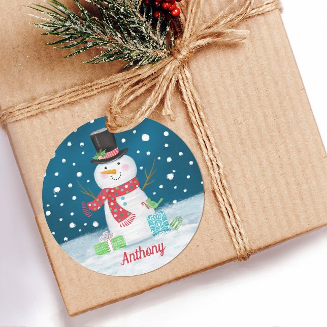 Snowman Christmas Holiday Personalised Sticker (A cute Christmas snowman sticker for your holiday gift packages. Personalize it with a name.)