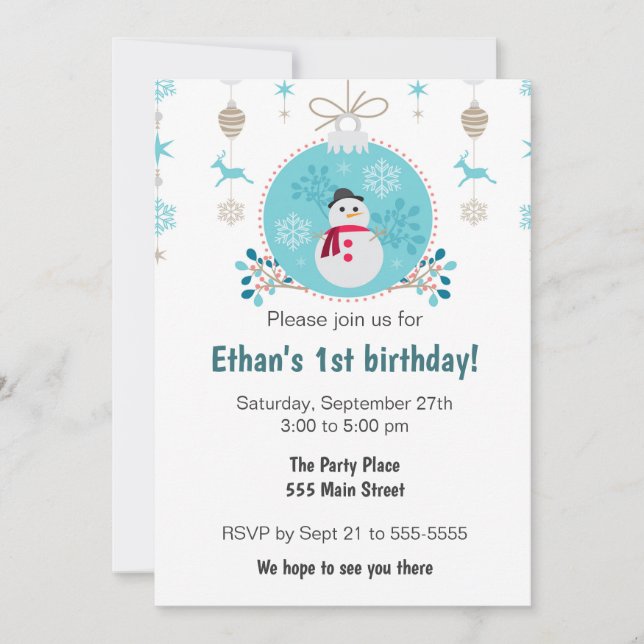 Snowman christmas kids birthday party invitation (Front)