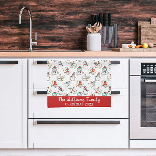 Snowman Christmas Pattern   Family Name And Year Tea Towel