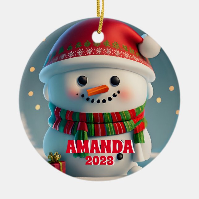Snowman Christmas Personalised Kids Photo Ceramic Ornament (Front)