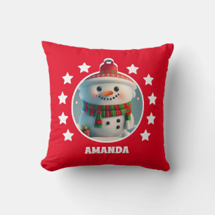 Snowman Christmas Personalised Kids Red Cushion