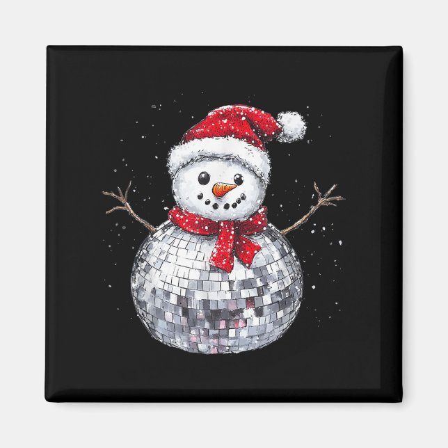 Snowman Christmas Retro Santa Hat Disco Ball Match Magnet (Front)