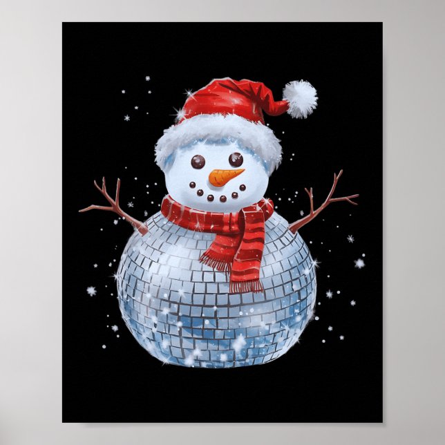 Snowman Christmas Retro Santa Hat Disco Ball Match Poster (Front)