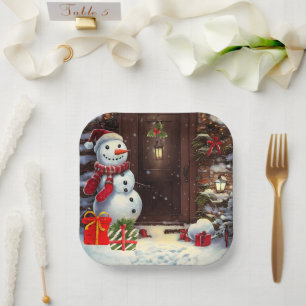Snowman Christmas Scene Paper Plates