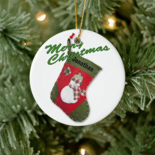 Snowman Christmas Stocking Photo Custom Name Ceramic Tree Decoration