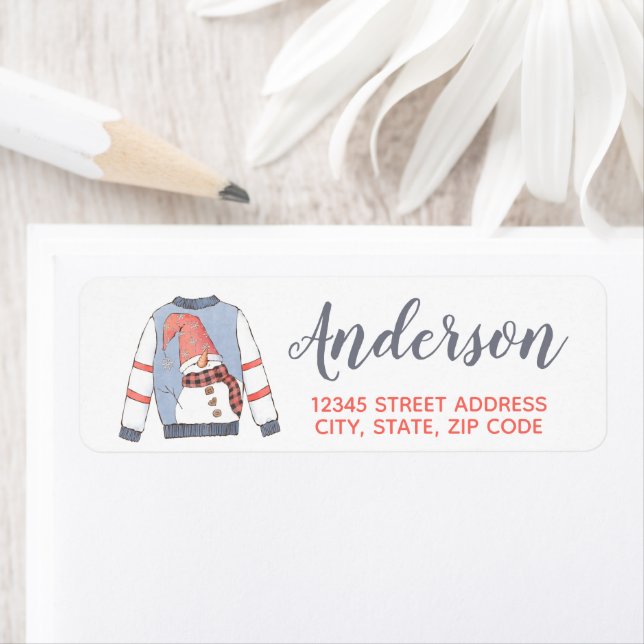 Snowman Christmas Sweater Return Address Label (Insitu)