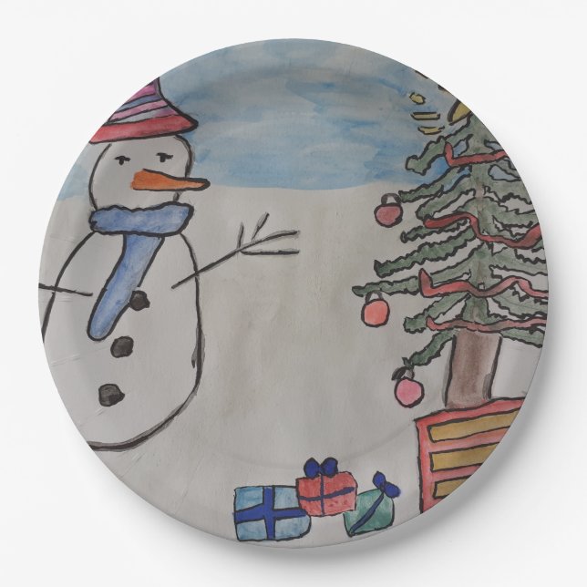 Snowman & Christmas Tree Paper Plate (Front)