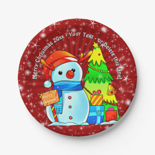 Snowman Christmas Tree Presents Year Text Red 7" Paper Plate