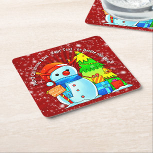 Snowman Christmas Tree Presents Year Text Red Square Paper Coaster