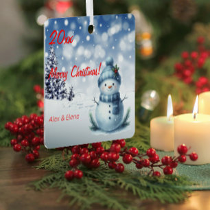 Snowman Christmas tree snow photo Square Ornament