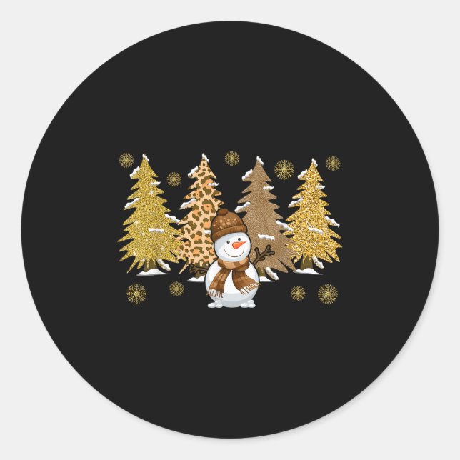 Snowman Christmas Trees In Gold Merry Christmas Pa Classic Round Sticker (Front)