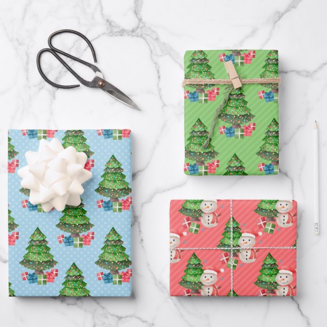 Snowman Christmas Trees Presents Wrapping Paper Sheet (Front)