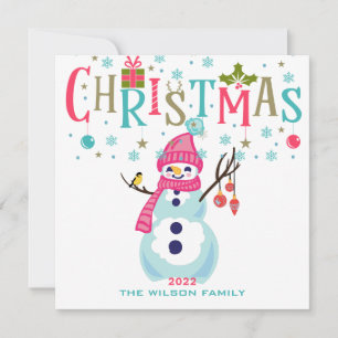 Snowman Christmas Turquoise Red Pink Personalised Holiday Card