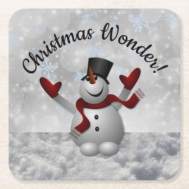 Snowman Christmas Wonder Fluttering Snowflakes Square Paper Coaster (Front)