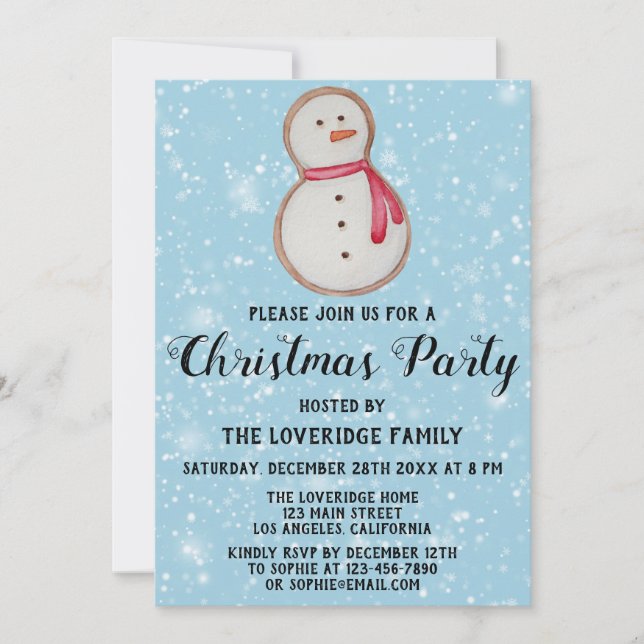 Snowman Cookie Holiday Christmas Party Blue Snow Invitation (Front)