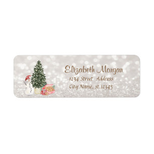 Snowman, Cookies,Pine Tree Glittery Bokeh  Return Address Label