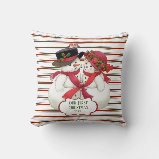 Snowman Couple And Candy Cane Stripes Cushion (Front)