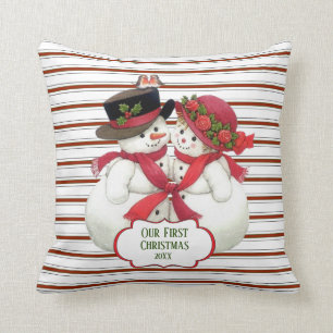 Snowman Couple And Candy Cane Stripes Cushion