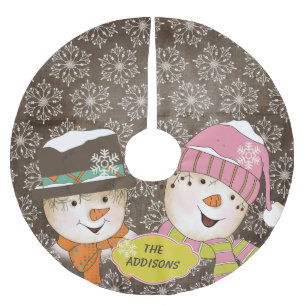 Snowman Couple Brown Snowflake Holidays Tree Skirt