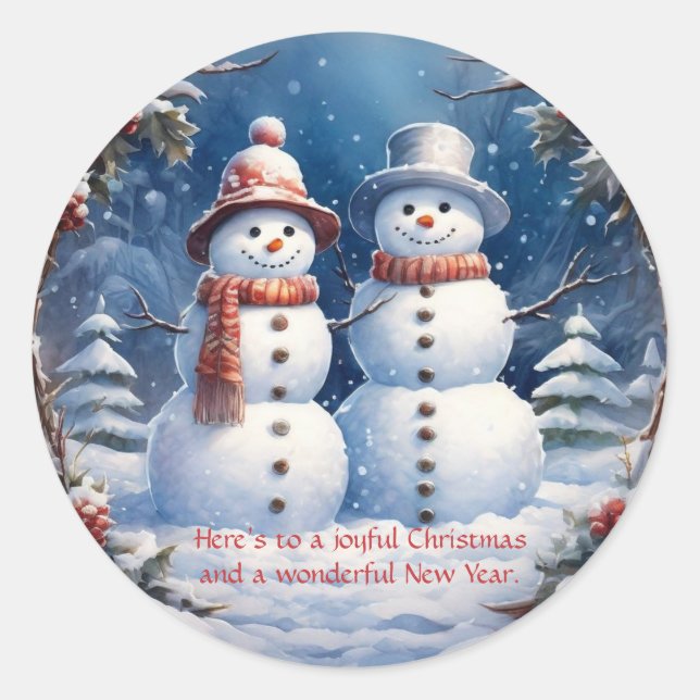 Snowman Couple  Classic Round Sticker (Front)