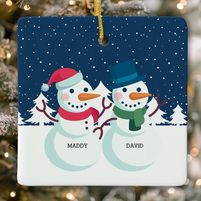 Snowman Couple Cute Personalised Christmas Ceramic Ornament (Creator Uploaded)