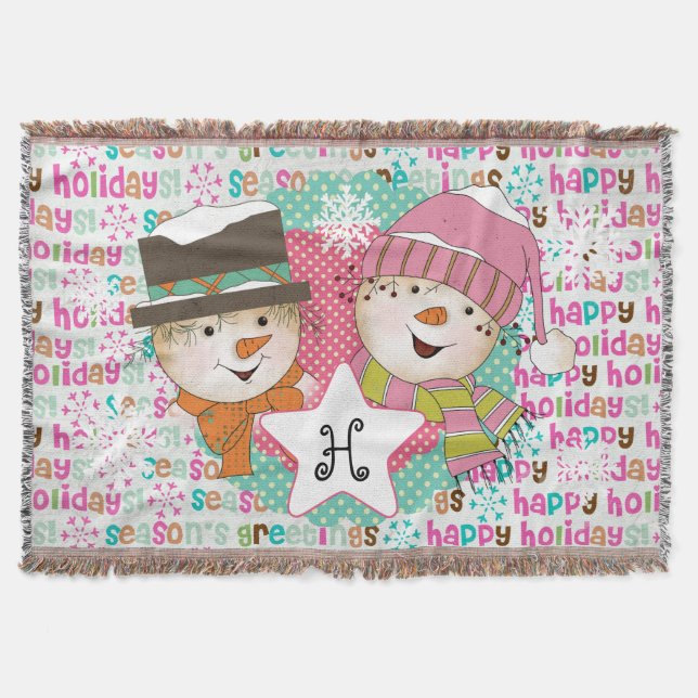 Snowman Couple Dots and Typography Holiday Throw (Front)
