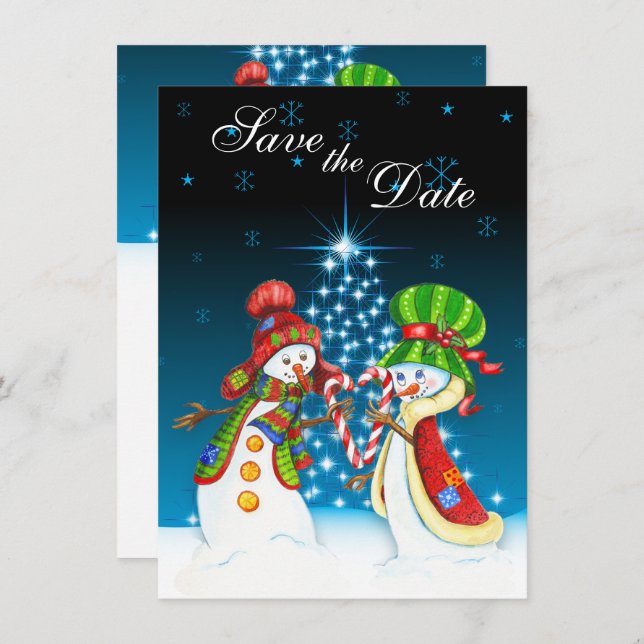 Snowman Couple Holiday Tree Save the Date Invite (Front/Back)