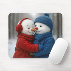 Snowman Couple Hugging in Winter Forest Mouse Pad